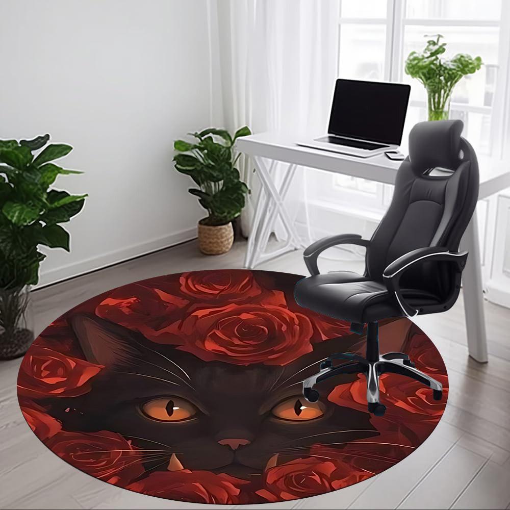 1pc Black Cat Roses Chair Carpet for Office, Round Non Slip Durable Large Size Office Carpet, Suitable for Office