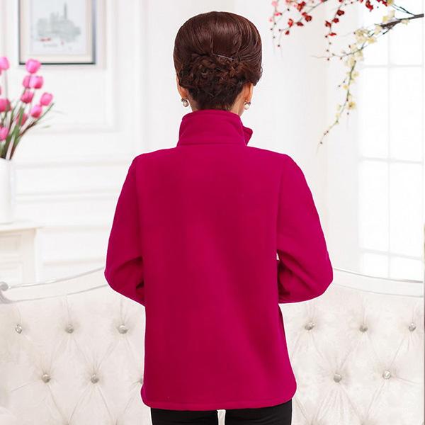 Middle-aged Elderly Women's Polar Fleece Sports Jacket Spring and Autumn Stand Collar Loose Outdoor Casual Sweatshirt Fleece Solid Color Short Top