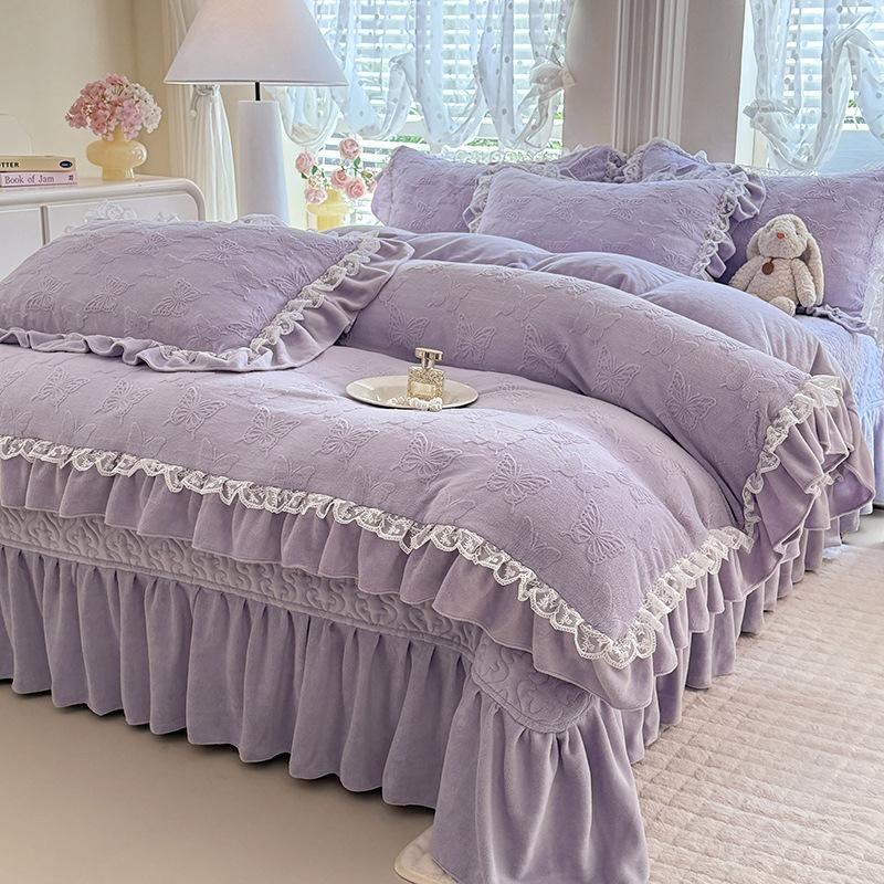 French Bed Cover Lace Thickened Milk Fleece Four-Piece Double-Sided Baby Fleece 1.8