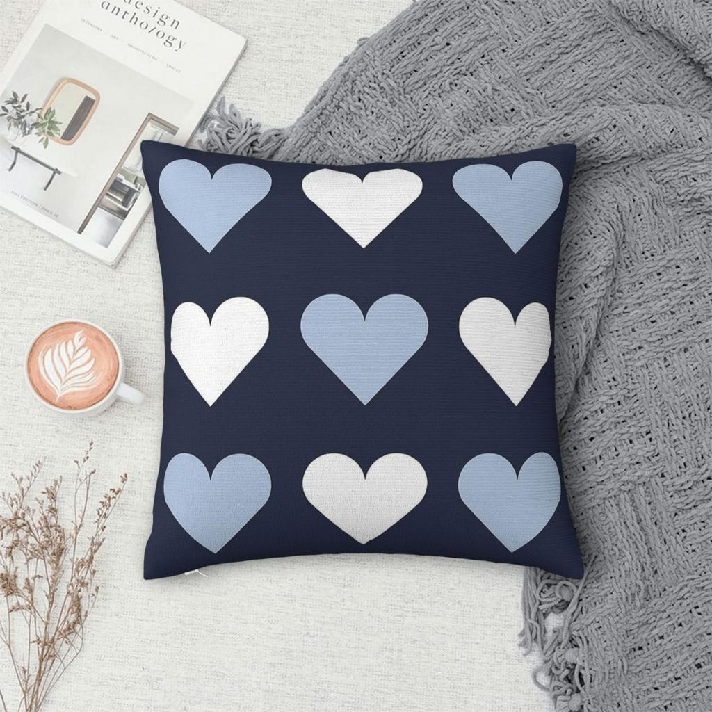 Blue White Navy Blue Hearts Pillowcase Polyester Linen Velvet Pattern Zip Decor Pillow Case Car Cushion Cover 18"