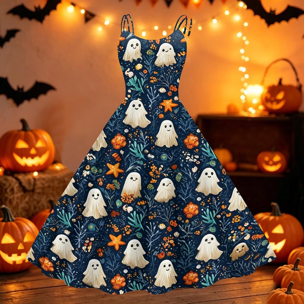 Womens Halloween Print Dress Off Shoulder Punk Style Vintage Flared Skirt Spaghetti Strap Sleeveless Dress for Party