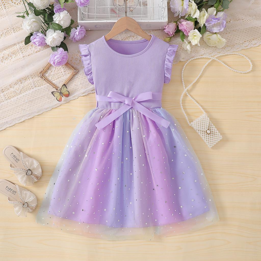 Dziewczęca Sukienka z Siateczkowymi Panelami w Kolorach Gwieździstego Nieba Letnia Moda Dziecięca Sukienka Księżniczki