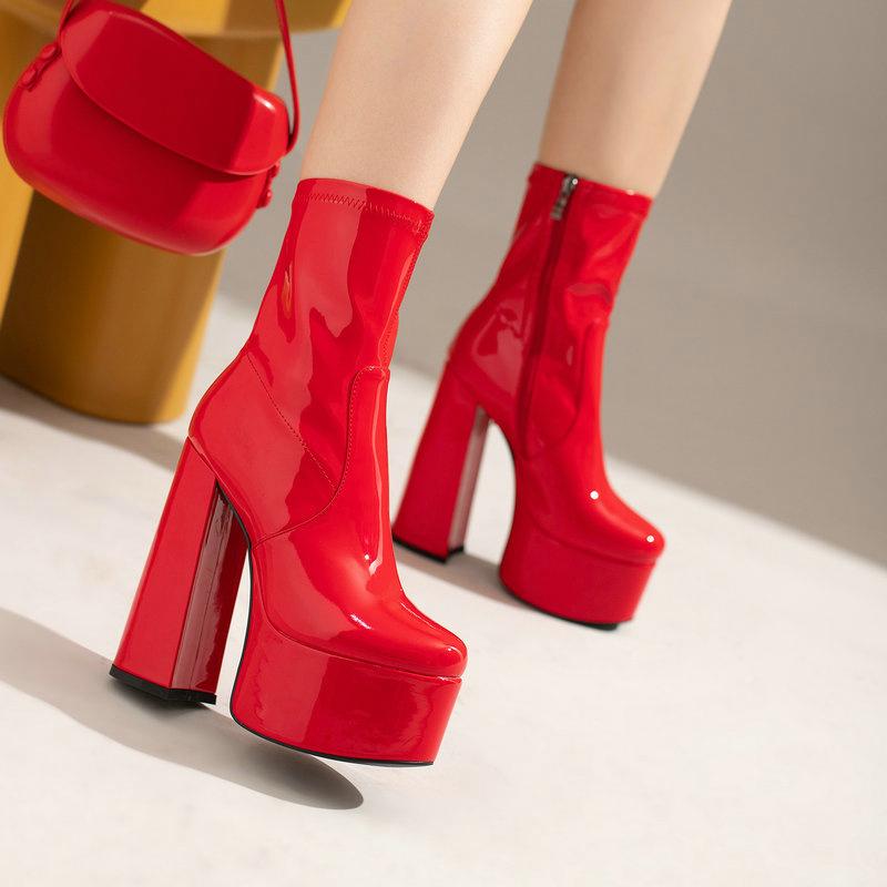 Women Ankle Boots Platform Square High Heel Ladies Short Boots