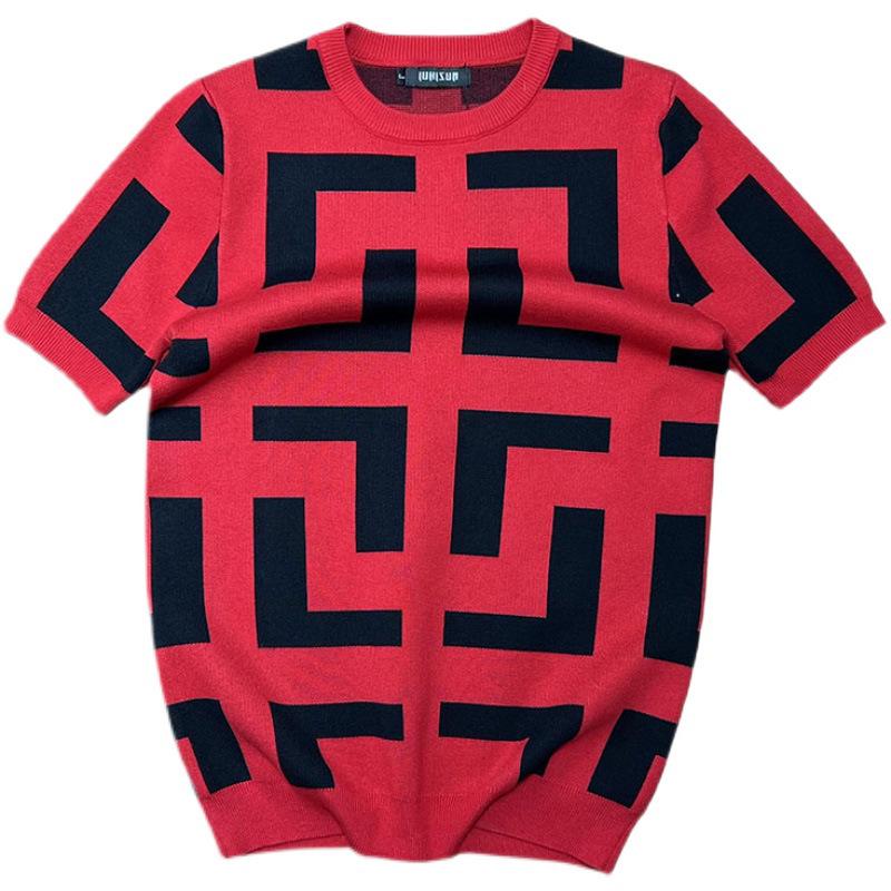 Men's Geometric Pattern Slim Fit Short-Sleeve Knitted T-Shirt