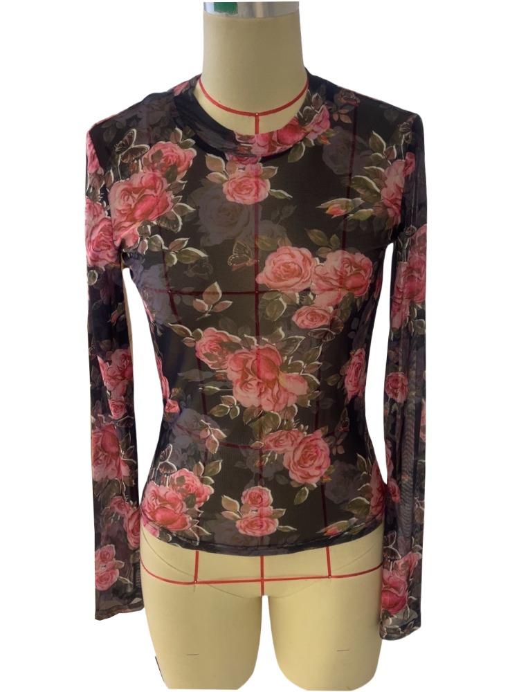 Spring and Summer Elegant Rose Floral Printed Small Standing Collar Mesh Yarn Slimming Tops for Women Versatile Closet Essential Fashion Items Shirt