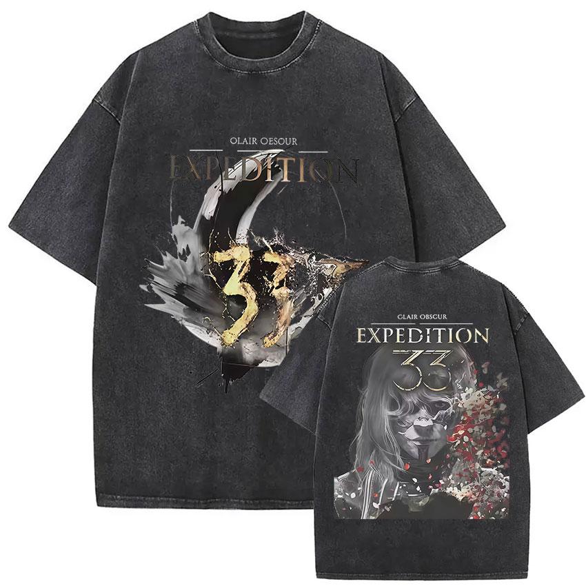 Esquie Clair Obscur Expedition 33 Vintage Washed Graphic T Shirts Men Gothic Classic Punk Short Sleeve Tshirt Unisex Streetwear