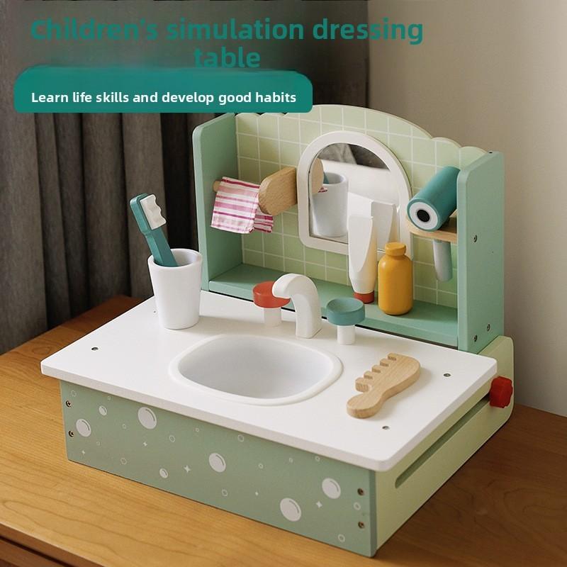 Kids Wooden Dressing Table Toy With Simulated Shampoo And Mirror For Gift