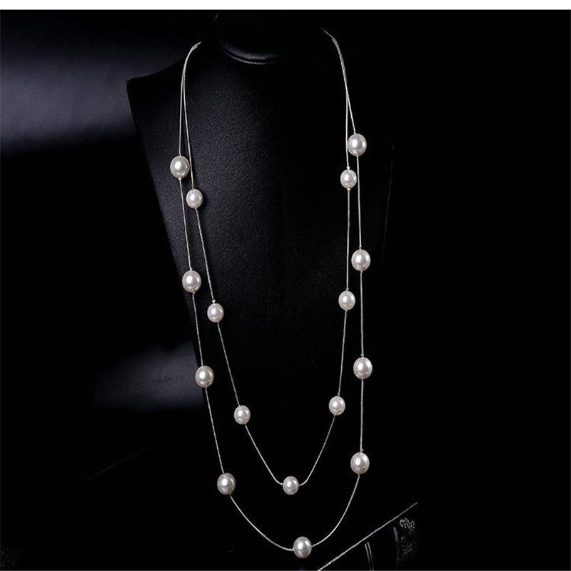 New Elegant Long Double Layer Simulated Pearl Necklace Women Sweater Chain Female Collares Statement Jewlery Accesories