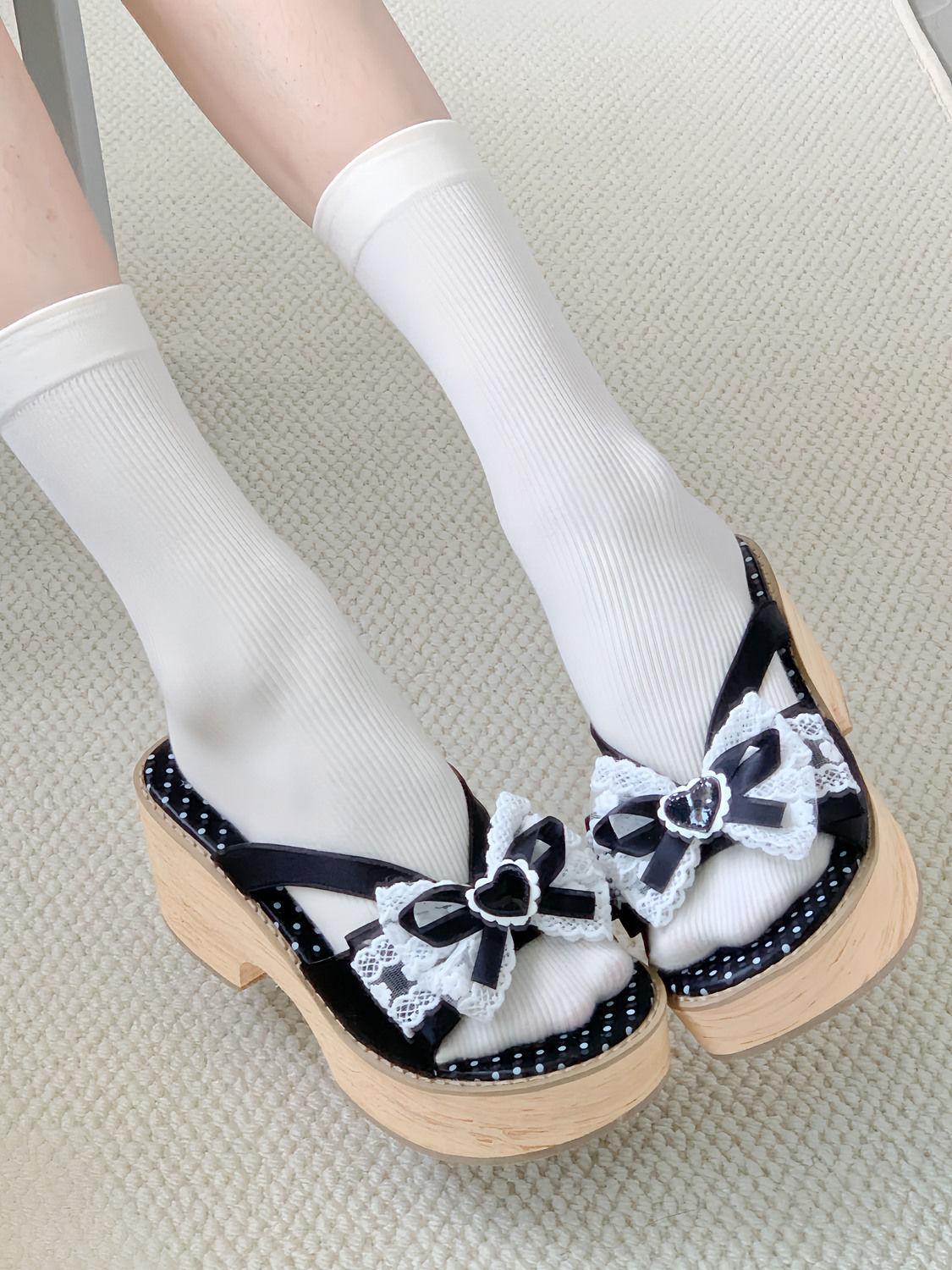 

Showa women Hoshino akari Kazuki bow wood grain thick soled Japanese thick heel clogs cos slippers 35 чорний