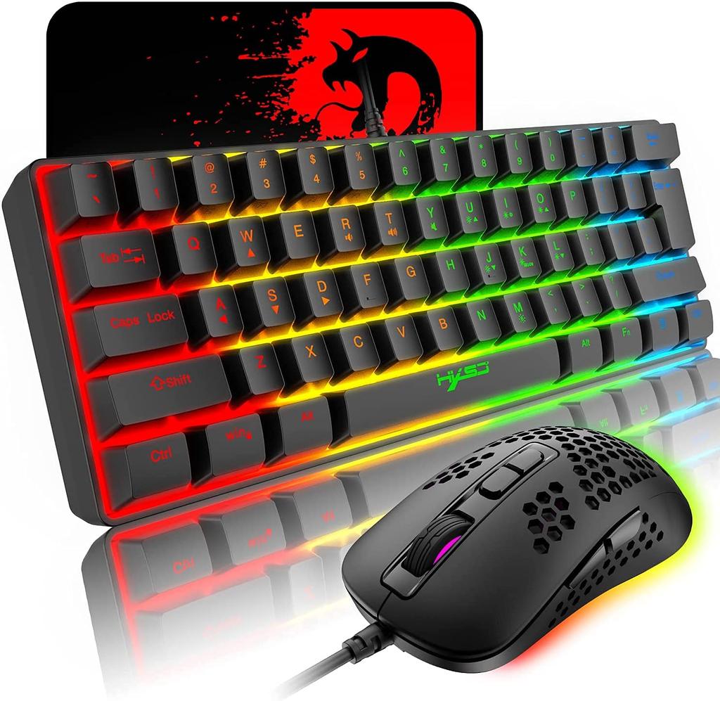 Wired Gaming Keyboard and Mouse, 61 Keys, Compact, 60% Layout, 11 LED Backlight, 2400 DPI, Mouse Pad Included, OfficeGaming Use, English Layout,