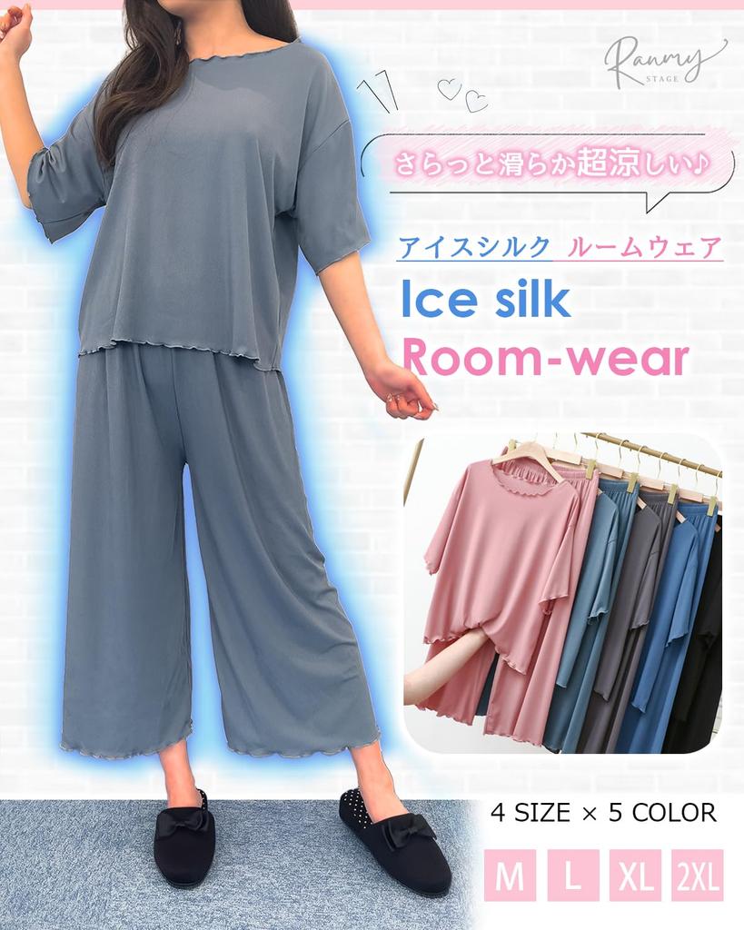 And Smooth Ice Cool To the Top and Bottom Short Long Cute L [Ranmy Stage] [Cool Pajamas] Women's Pajamas, Silk, Loungewear, Touch, Set, Sleeves,