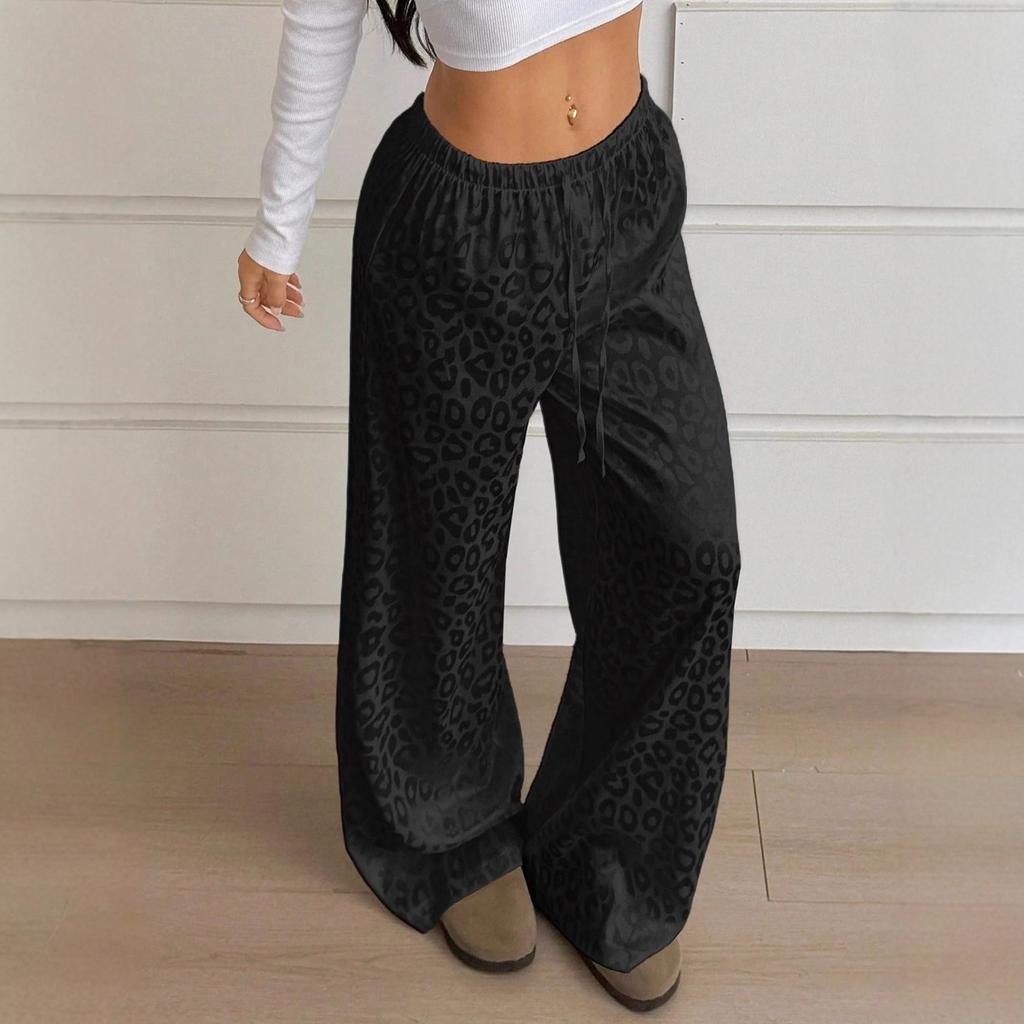 Women Brown Leopard Print Satin High Waist Drawstring Wide Leg Pants