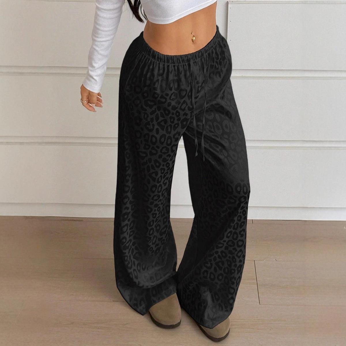 Women Brown Leopard Print Satin High Waist Drawstring Wide Leg Pants S