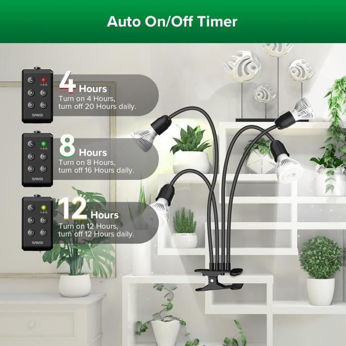 Lampe horticole led - sansi - 600w équivalent - minuterie 4/8/12h - spectre complet - 4 ampoules e27