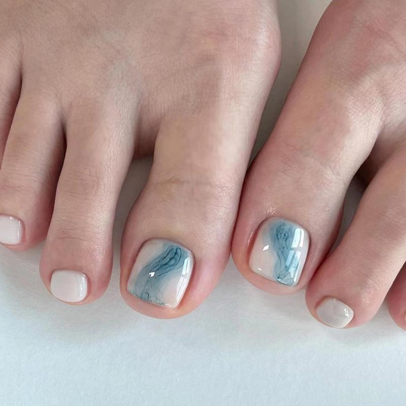 24pcs Glitter False Toenails Sweet Pink Artificial Nails for Feet DIY French Style White Edge False Toenails Detachable Wearable