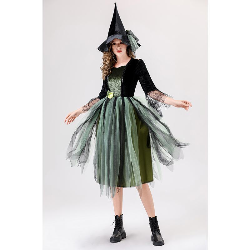 Cosplay Halloween Costume Adult Green Mesh Witch Dress, Camellia Spider Web Witch, Holiday Dress Stage Dress