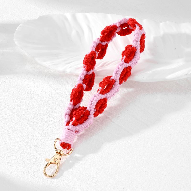 1Pc Bag Decoration Bohemia Knitted Keychain Grace Rose Pendant Prevent Loss Wrist Strap Mobile Phone Lanyard Hand Woven