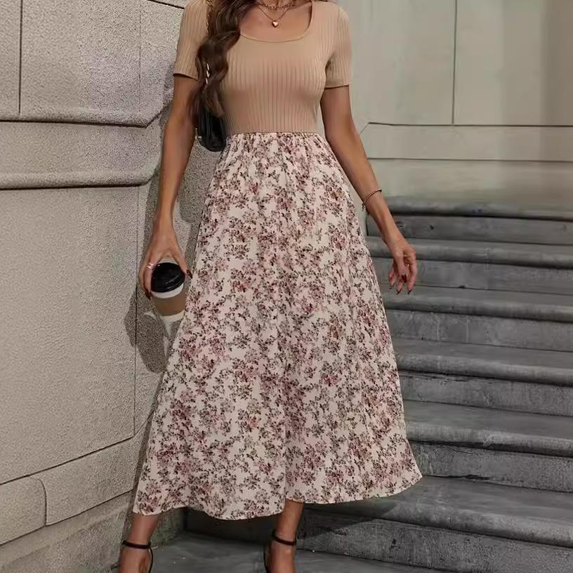 Women Multicolor Splicing Floral Short Sleeve Ladies Dresses Long Dresses