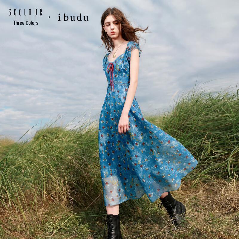 Sancai French Square Neck Floral Chiffon A-line Long Dress S