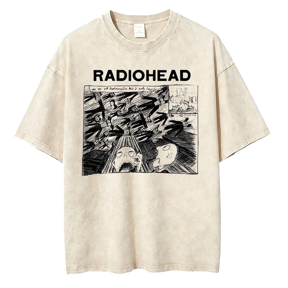 Vintage Washed Radiohead Semaphore Rock Band T-shirt Men  Clothing Fashion Hip Hop Gothic T Shirts Cotton Casual T-shirts