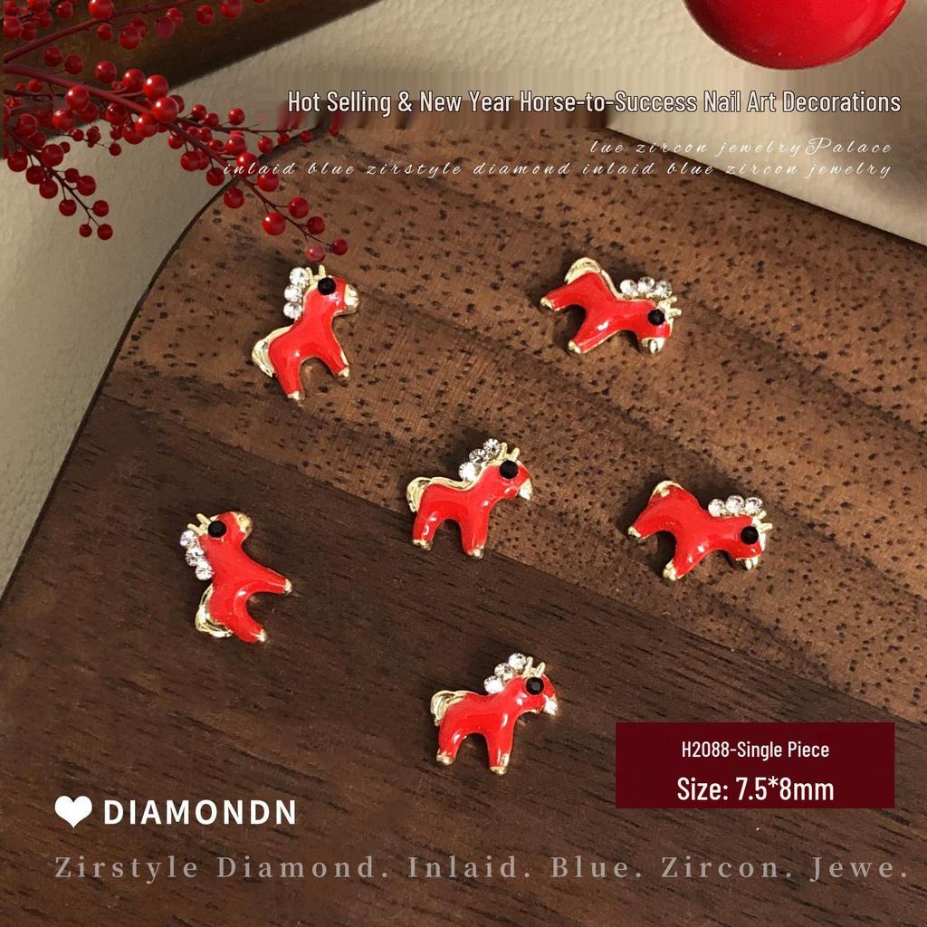 2026 New Year Little Horse Nail Art Decorations - Gold, Silver, and Red Rhinestone Press-on Nail Accessories