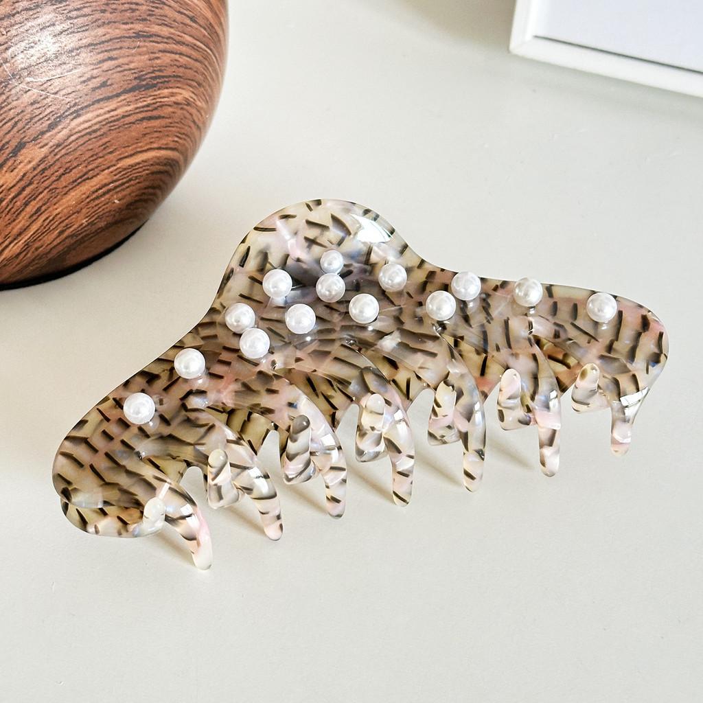 Fashionable Large Acetate Hair Claw With Pearl Accents Versatile For Any Occasion