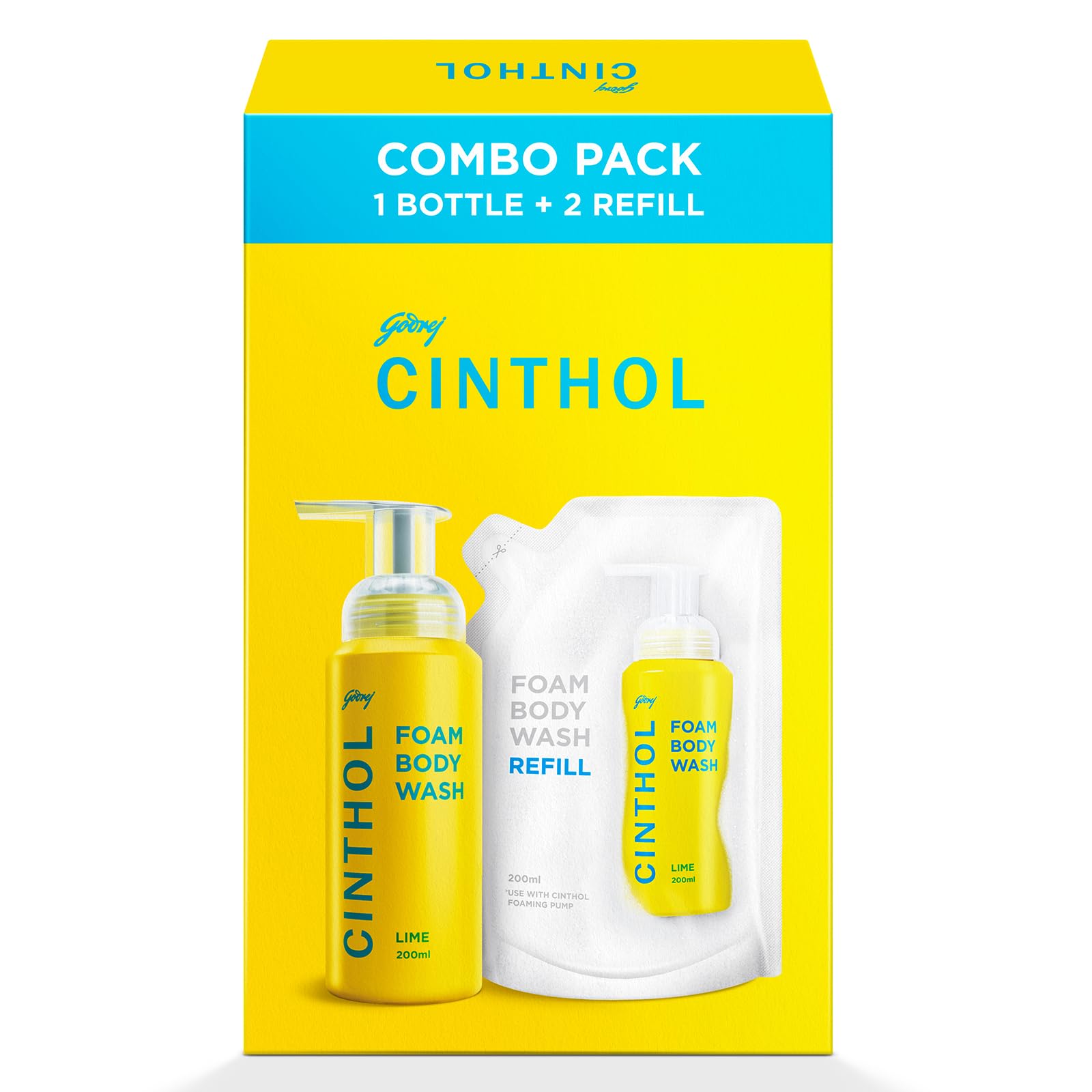 Cinthol Lime Foam Body Wash - Combi Pack (600ml) | 1 Bottle & 2 Refill | Unique Foam Formula for Moisturized & Irresistibly Soft Skin | Suitable for A