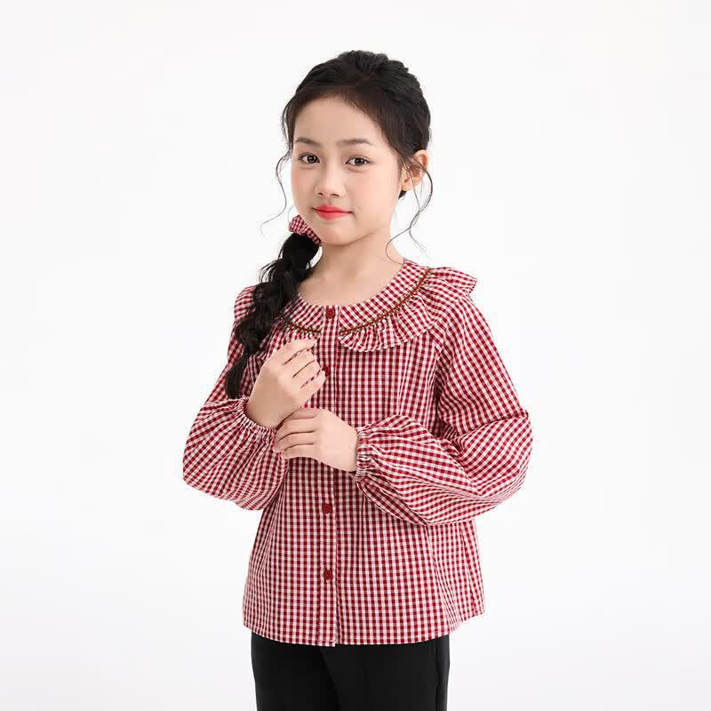 Girls' Plaid Peter Pan Collar Lantern Sleeve Shirt