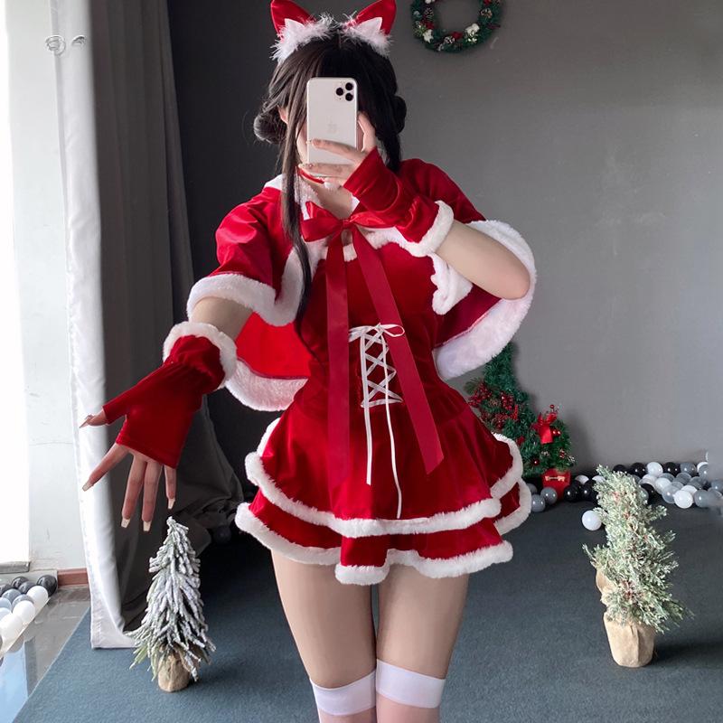 Christmas Lingerie Cosplay Costumes Plush Red Sexy Santa Claus Lingerie Set Backless Nightie Sleepwear Outfits Cat Girl Uniform with Gloves Cloak