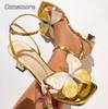 Größe 35-43 Goldene Absätze für Damen Riemchen über dem Knöchel Eckige Zehenpartie Schmetterlingsverzierung Elegante Kleiderschuhe Mode Zapatos De Mujer
