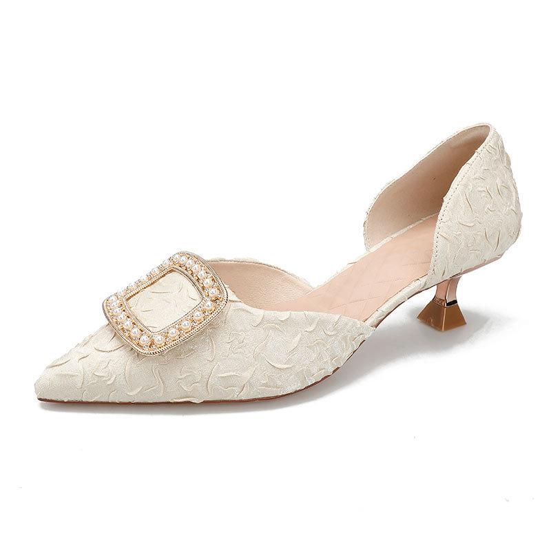2025 New Summer Fairy Style Fashion Bag Head Hollow Sandals Women's Middle Heel Satin Pointed Head Small High Heel Single Shoes