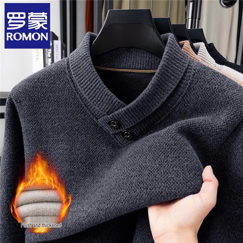ROMON Men's Fleece-Lined V-Neck Snow Mink Velvet Sweater