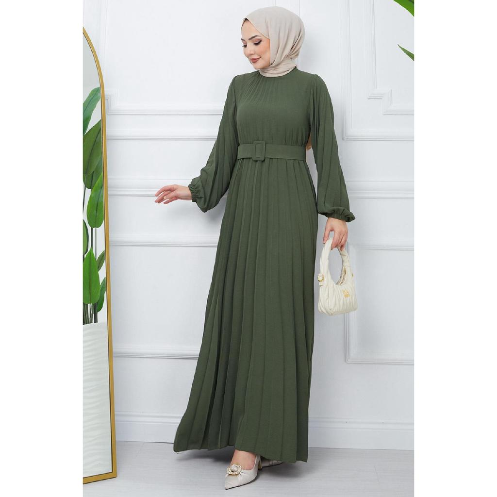 Belted Pleated Aerobin Dress Khaki Hm2339