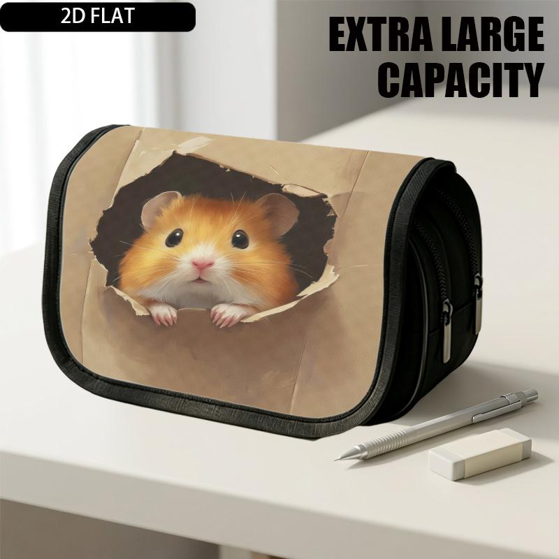 1pc Double Layer Flip Pencil Case, Hamster in Box, Large Capacity, Portable Polyester Pen Storage Bag with Zipper Closure, Ideal for School & Office S