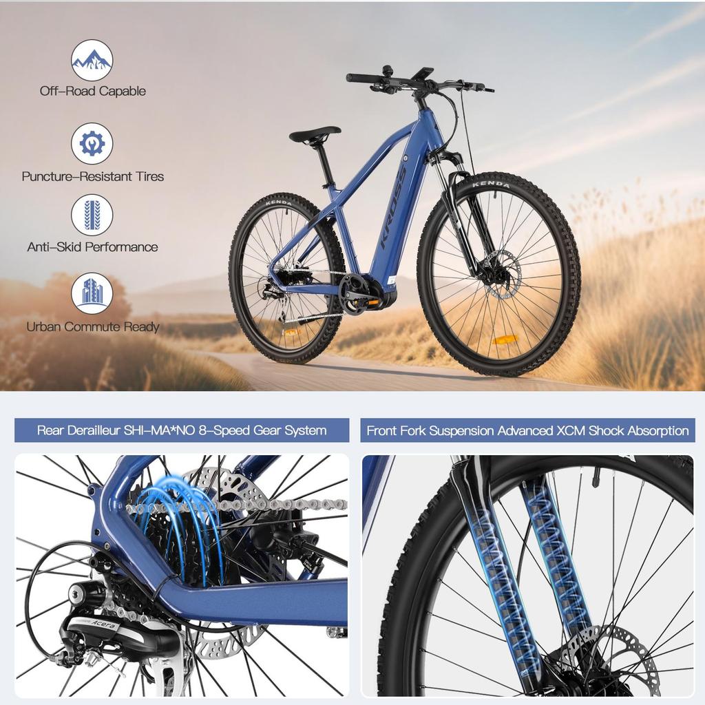 KROSS  Electric Mountain Bike 250W Mid Motor , 43.2V Removable Battery, Front Suspension