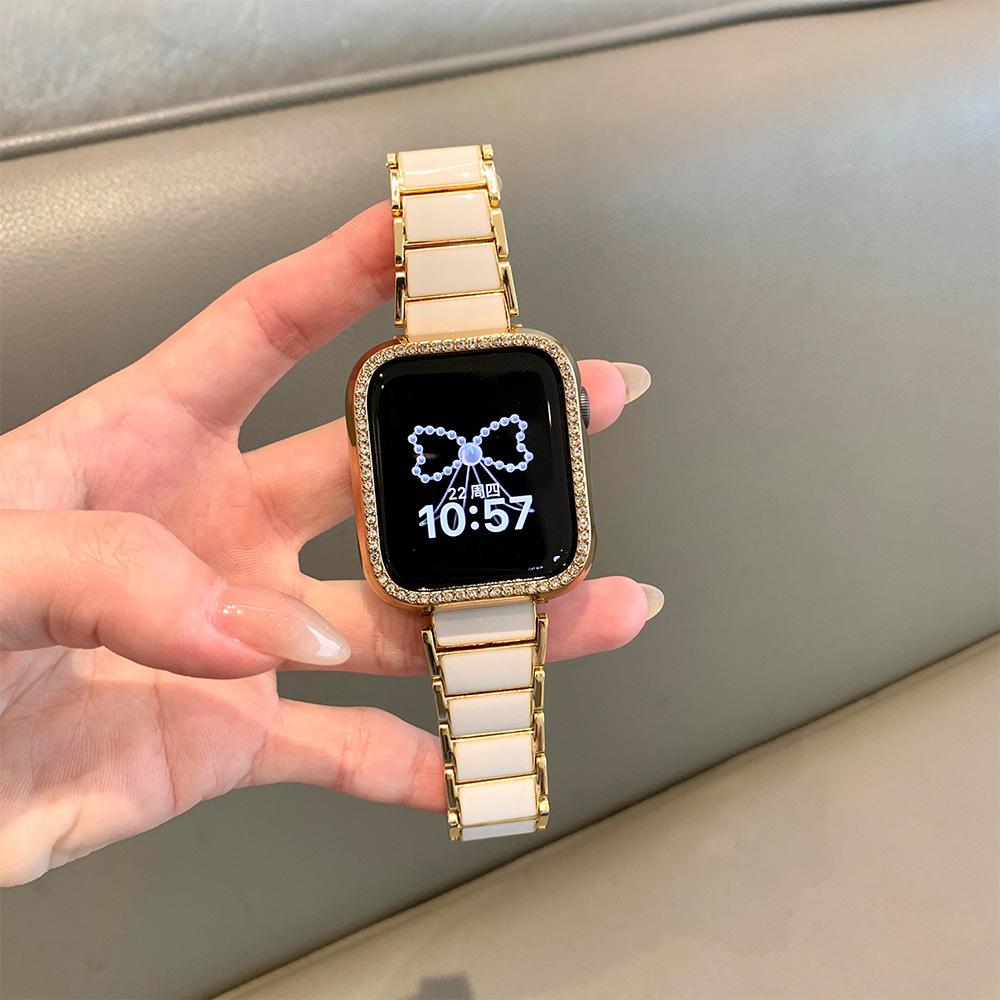 For Apple Applewatch10 Watch iwatch9876SE imitation ceramic white metal butterfly buckle strap