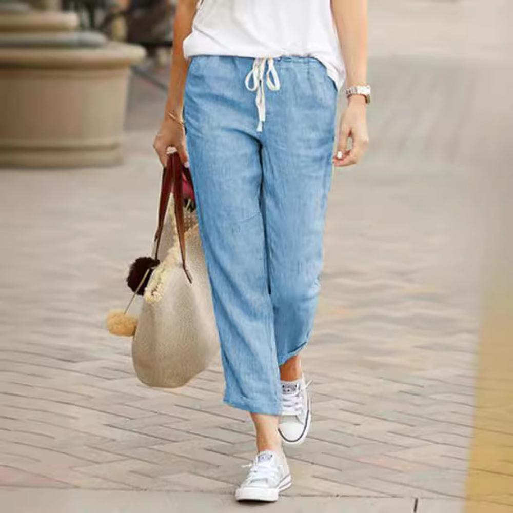 Fashion Solid Color Loose Pants Casual Drawstring Elastic Waist Trousers Cotton and Linen Jogger Pants for Womens