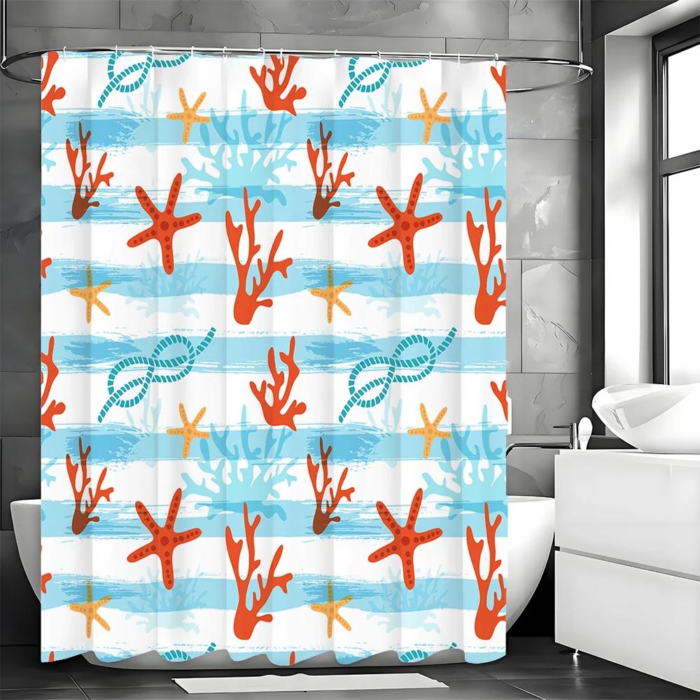 Blue and White Striped Starfish Seagrass Shower Curtain, Bathroom Decorative Shower Curtain, Waterproof Shower Curtain with Hook W90xH180cm