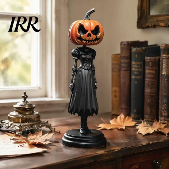 Retro Wizard Pumpkin Statue Witch Figurine, Spooky Halloween with Lantern, LED Lighted Night Lamp Vintage Gothic Resin for Tabletop Mantel Shelf Decor