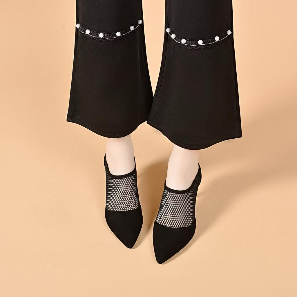 Pointed Mesh Shoes Women's 2025 Spring and Summer New European and American Style Mesh Yarn Hollow Single Shoes Rear Zipper Thin Heel Black Fashion