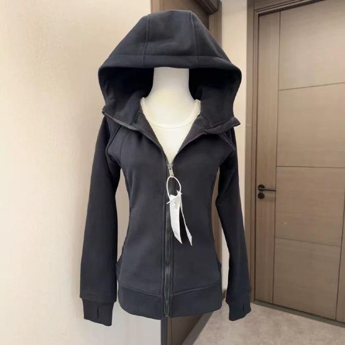 Women s Blue Slim-Fit Hoodie Jacket, Spring Drop Shoulder, Cinched Waist, Versatile Fashion Cardigan 2025. L