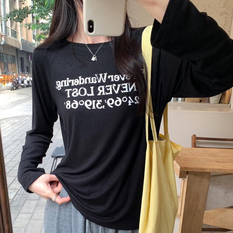 

Women s European Style Long Sleeve Loose-Fit Letter Print T-Shirt, American Retro Slim Base Layer L чёрный