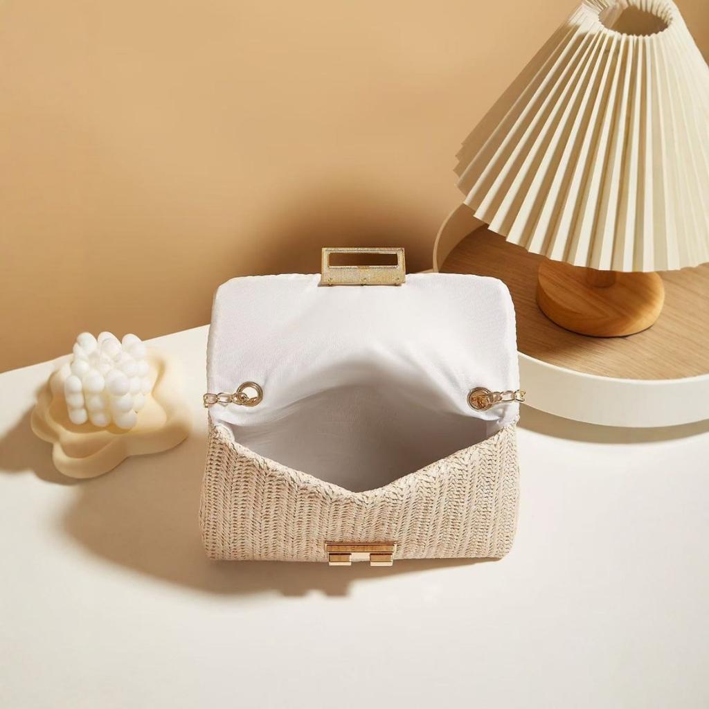 Sweet Style, Straw Weaving, Chains, Single-shoulder Bags, Crossbody Bags, Summer, Double-lock, Ladies, Handbag Bags