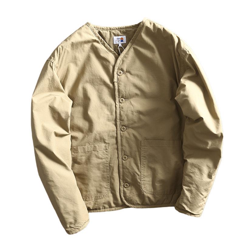 Japanese Vintage Collarless Cotton Workwear Jacket for Men - Autumn/Winter Solid Color Casual Outerwear