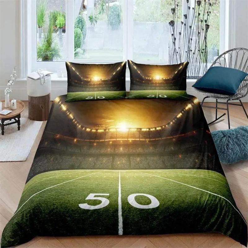 Green Football Field King Queen Duvet Cover Soccer Field Comforter Cover Boys Men Sport Games Bedding Set Polyester Quilt Cover