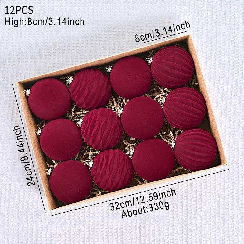 12PCS/Box 8cm Flocked Christmas Ball Christmas Tree Pendant Wine Red Dark Green Blue Xmas Velvet Balls Ornaments Decoration 8cm