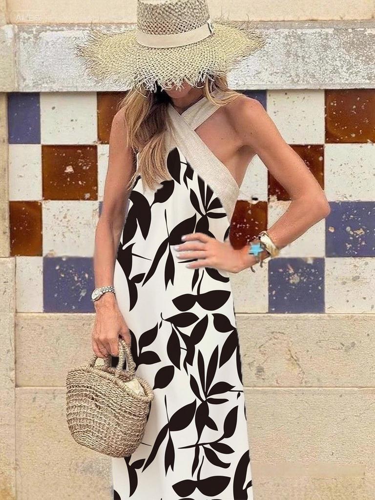 INS Home Casual Loose Shoulder Patchwork Sleeveless Women's Fashion Summer Dress