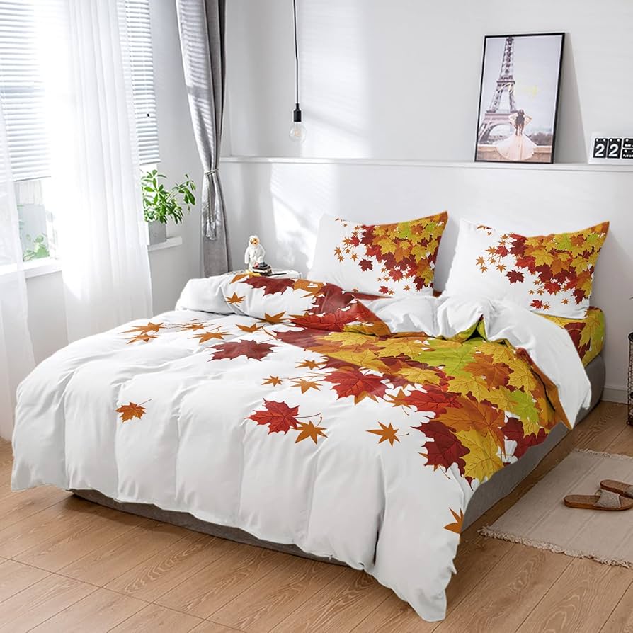 Maple Leaf Duvet Cover Queen Autumn Leaves Bedding Set Old Wooden Plank Vintage Comforter Cover for Boys Adults Room/Cabin Decor