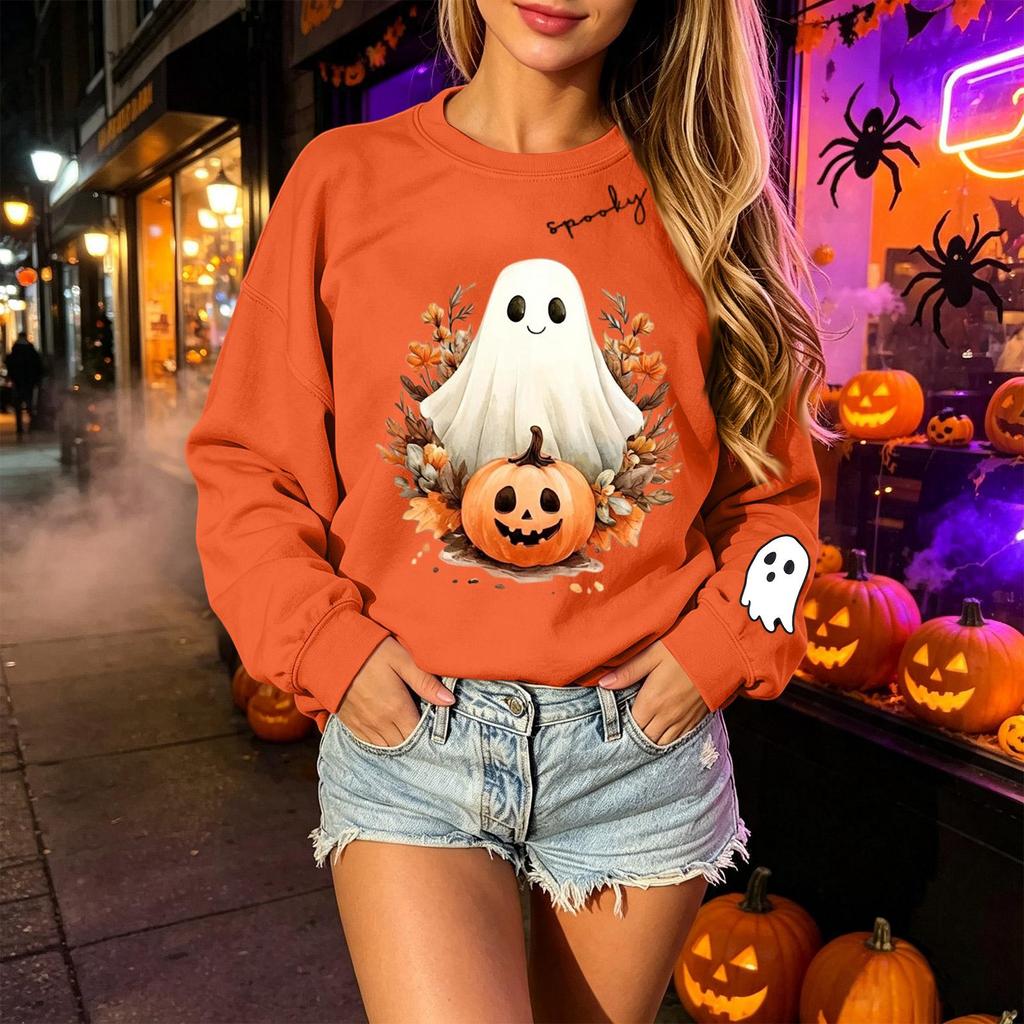 Unisex Halloween Print Long Sleeve Neck Pullover Sweatshirt, Lightweight Casual Top for Men and Women