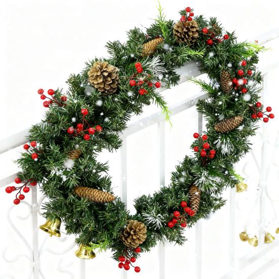180/270CM Christmas Artificial Pine Garland with Bow Red Berries Pinecone Faux Pine Needle Rattan Mantle Fireplace Porch Hanging Decoration